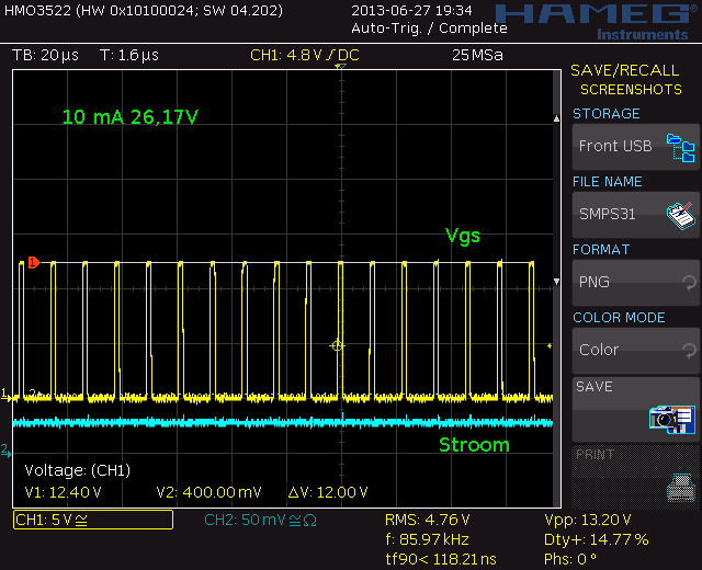 10 mA 26,17V 86 kHz and 14,8% duty cycle