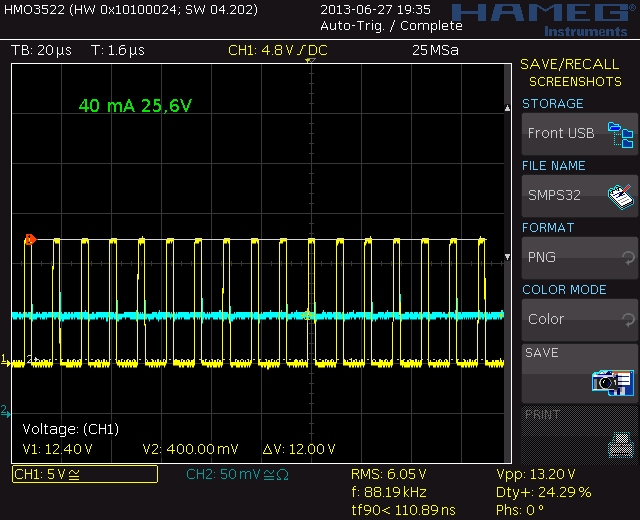 40 mA, 25,6V, 88,19 kHz, 24,29% dc