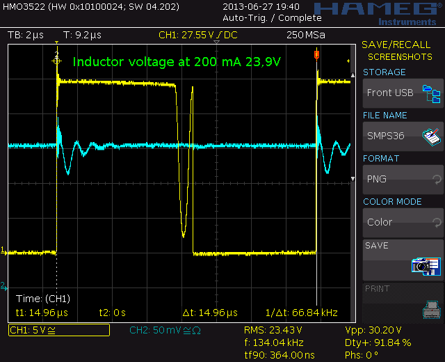 200 mA, 23,9V, 66,84%, voltage on the inductor