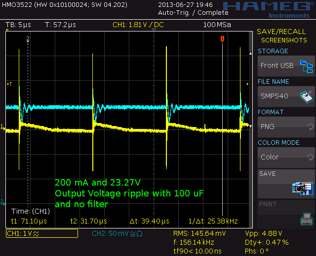 200 mA, Output voltage ripple. 100 uF, no filter, dirty probing
